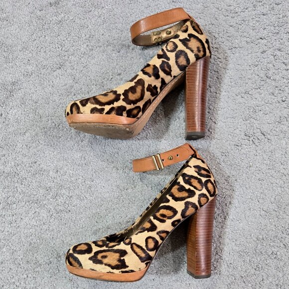 Sam Edelman Lyla Leopard Print Leather Calf Hair Platform Pumps Ankle Strap - Picture 7 of 13